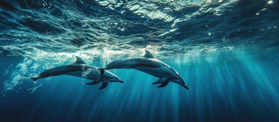 Naklejka premium Two dolphins swim gracefully in sunlit ocean depths