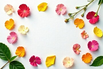 delicate flower petals scattered on white surface, floral, leafy greens
