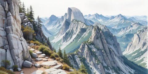  Detailed Watercolor, Rocky Mountains, Granite Cliffs, Trail