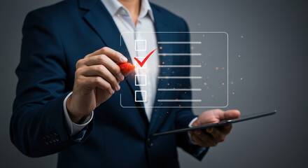 Checklist Success: Business Man Marking Tasks Complete with Tablet and Marker - Efficiency, Productivity & Achievement!