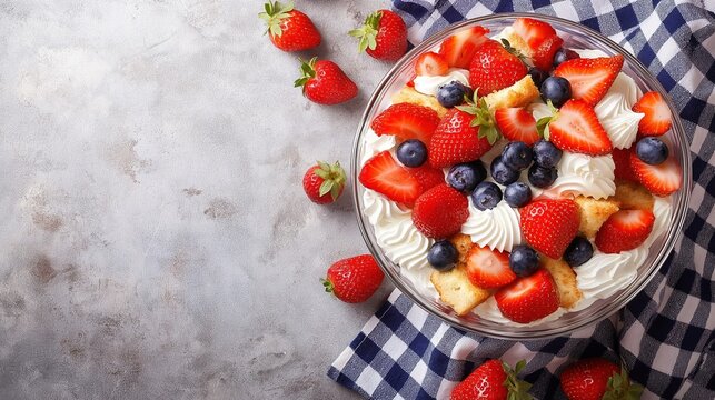Glass bowl filled with whipped cream, strawberries, blueberries and cake pieces on a checkered napkin. Concept of summer dessert, freshness, sweetness and homemade indulgence
