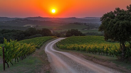 Obraz premium Winding vineyard road at sunset over rolling hills