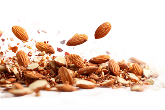 Flying sliced almonds isolated on transparent background, nutritious nut ingredients cut out for culinary designs and healthy recipe concepts