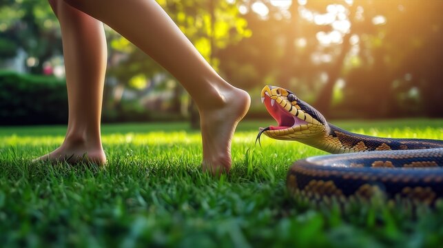 Snake is about to bite a woman's foot. God said he will crush your head and you will strike his heel