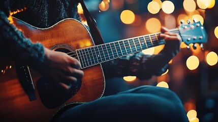 Obraz premium Close-up of hands playing acoustic guitar with bokeh lights.