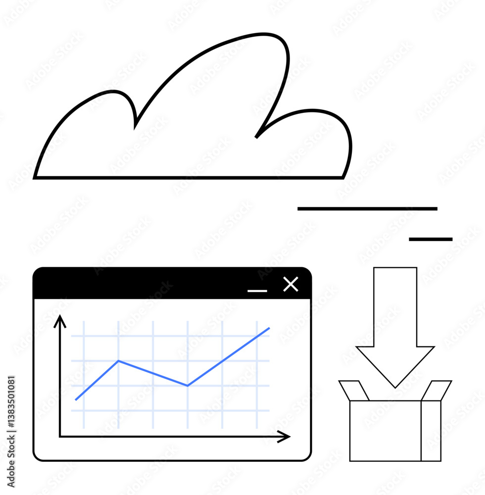 Poster cloud symbol, graph in browser window, and download arrow to box representing data storage, analysis