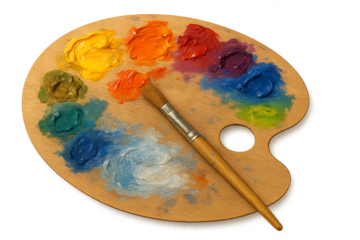  Artist's Palette with Mixed Colors and a Brush, Transparent Background PNG