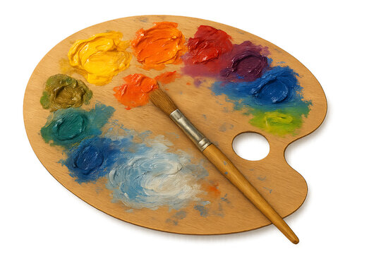  Artist's Palette with Mixed Colors and a Brush, Transparent Background PNG