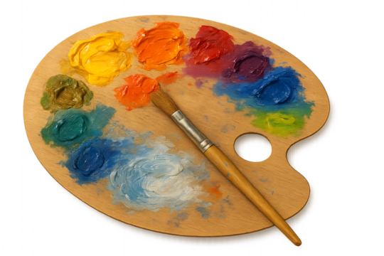  Artist's Palette with Mixed Colors and a Brush, Transparent Background PNG