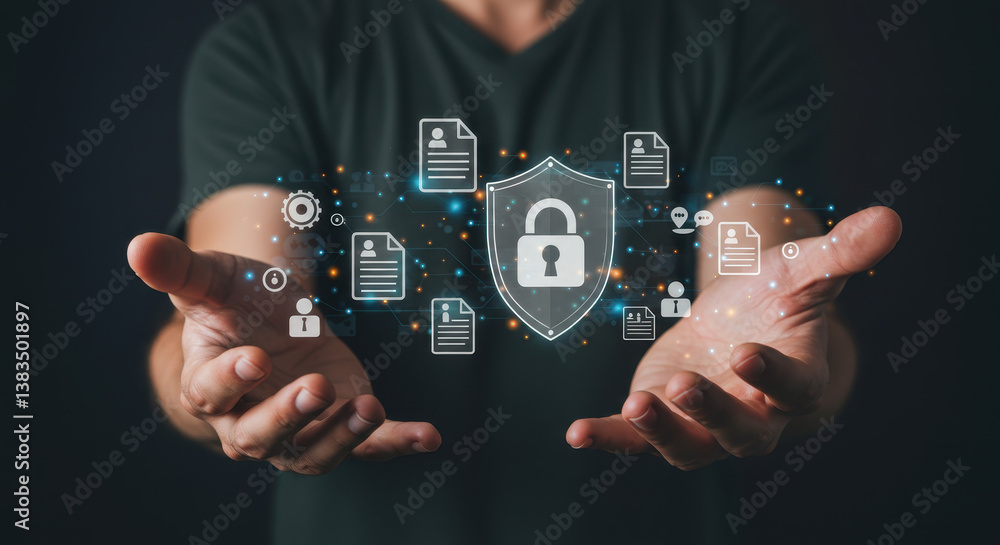 Poster data protection: secure your information. man holding cyber security shield with digital document ic