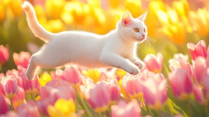 White kitten leaps tulips spring sunshine garden