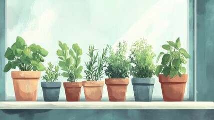 Fototapeta premium Sunlit windowsill with potted herbs