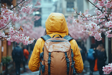 Obraz premium Back view of a tourist exploring cherry blossom park in Japan, surrounded by pink flowers in spring - Generative AI