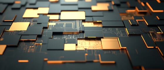 Abstract Circuit Board Design Gold Black Squares