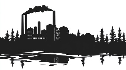 Obraz premium Industrial landscape, factory silhouette, forest, calm water reflection. Possible use Stock photo for environmental issues or industrial design