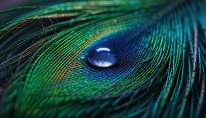 Fototapeta premium Water droplet on iridescent peacock feather