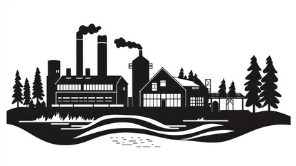 Industrial Landscape Silhouette, Factory Buildings, Forest, Water
