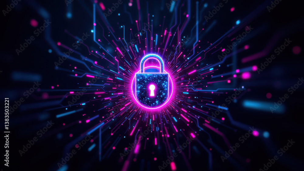 Poster futuristic cybersecurity concept with a glowing lock in the center of abstract digital elements.