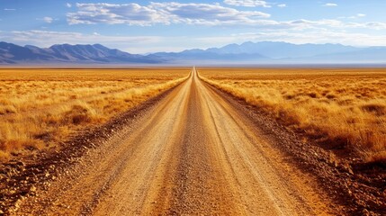 Naklejka premium Desert dirt road stretching into mountain range, sunny day