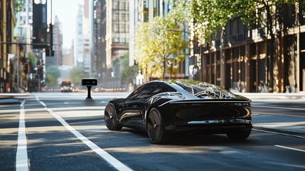 Fototapeta premium Black electric car driving on city street.