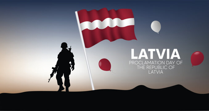 Day of the Restoration of Latvian Independence soldier with waving flag vector poster