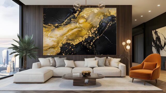 An abstract painting with fluid gold and black marble textures, high-gloss finish, luxurious and ele