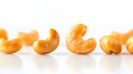 Row of Golden Roasted Cashew Nuts Isolated on White Background for Healthy Snack