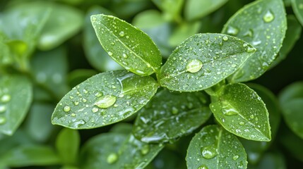 Close-up of dew drops on vibrant green leaves.
