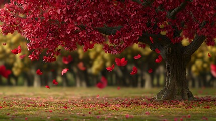 Vibrant Red Leaves Falling From A Majestic Tree In An Autumn Park Landscape