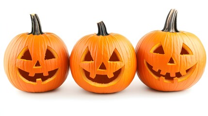 Three Carved Halloween Pumpkins with Smiling Faces Isolated on White Background