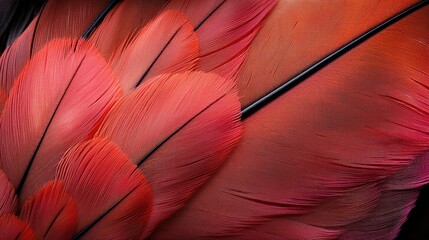 Vibrant pink and red feather with silky barbs, its textures and hues highlighted by soft lighting.