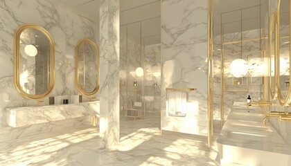 Glamorous washroom with large mirrors gold fixtures and marble finishes