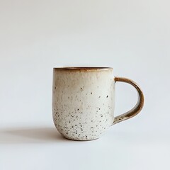 Creamy speckled mug with warm tones.  Hand-crafted ceramic mug with a subtle speckled design, a comfortable rounded shape, and a simple handle
