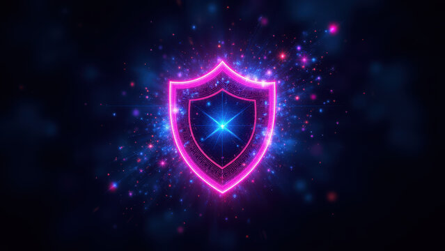 A vibrant shield emblem with a cybernetic feel against a cosmic backdrop, symbolizing internet security.