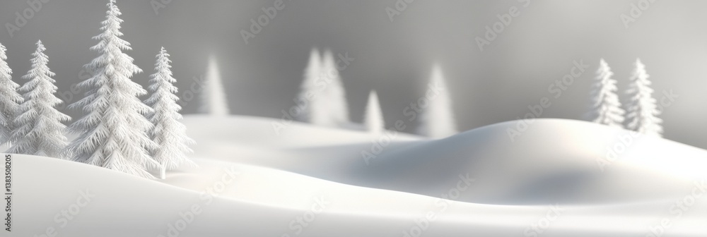 Poster soft white curves create a calming snowy landscape with delicate shadows and peaceful pine trees in 