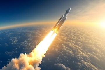 A large rocket ascends above the clouds towards the sky above