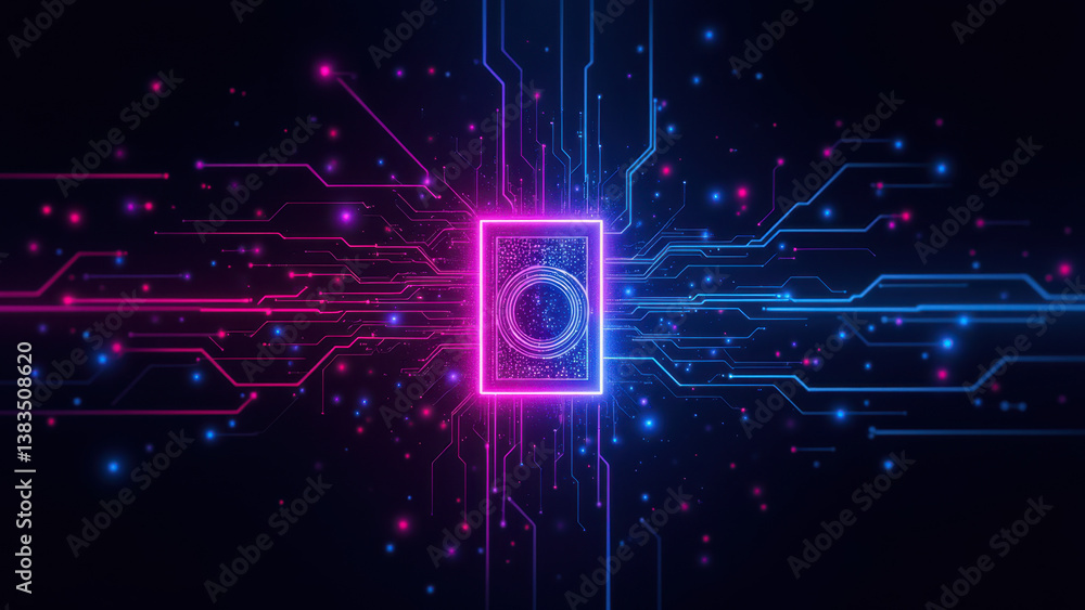 Poster cybersecurity graphic with a digital key amidst neon-colored circuit boards and glowing particles.