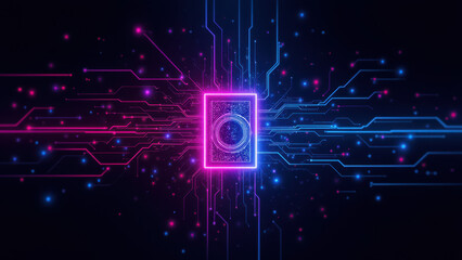 Cybersecurity graphic with a digital key amidst neon-colored circuit boards and glowing particles.
