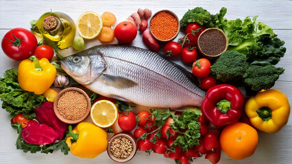 Healthy raw vegetables and fish arranged neatly on white background for a nutritious diet concept