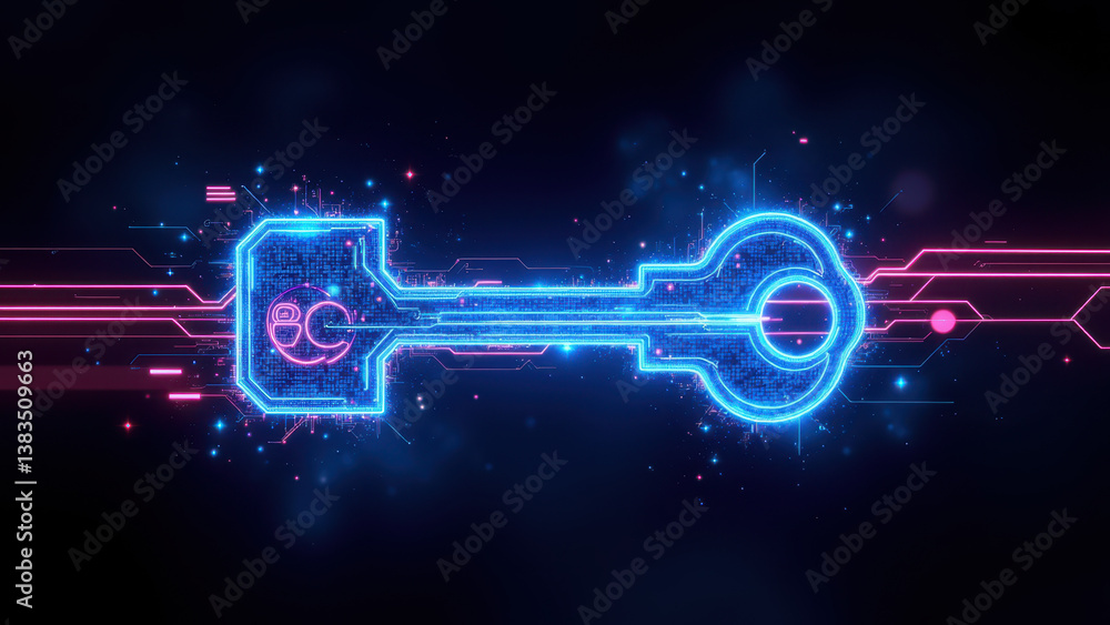Poster futuristic digital encryption key for internet security.