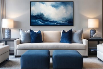 Modern living room with abstract ocean painting and elegant blue accents