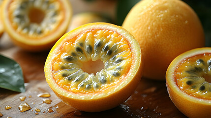 Halved Passion Fruit Closeup with Yellow Pulp and Dark Seeds on Wooden Surface