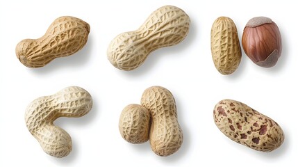 Variety of Peanuts and Hazelnuts Displayed on White Background in Different Shapes and Forms
