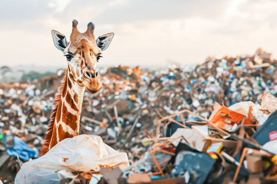 Giraffe is standing in a pile of trash