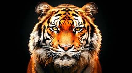 Naklejka premium Majestic Portrait of a Tiger with Striking Orange Fur and Intense Eyes Against Dark Background