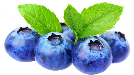 Obraz premium Fresh Blueberries with Green Leaves Highlighting Natural Ingredients and Healthy Lifestyle