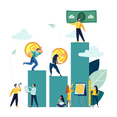 Business. Business people study financial development, currency growth columns. Dubai. A contract with an African American. Search for new ideas, teamwork, brainstorming company. Vector illustration