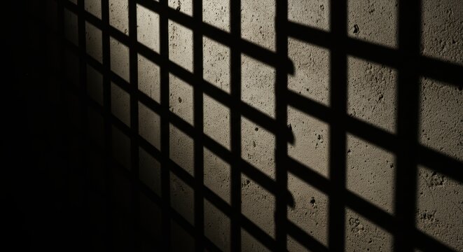 Dramatic jail cell bars shadow on concrete wall