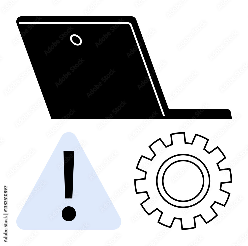 Poster laptop with triangular alert sign and gear illustrates technical issue, system maintenance, or troub