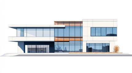 Modern office building exterior design, sunny day, landscaping